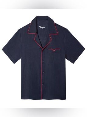Tombolo Solid Navy Linen Cabana Shirt in Navy with Red Piping Small